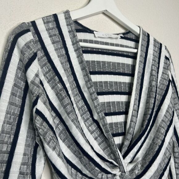Astr Black White and Gray Striped Twist Front Plunge Neck Bodysuit M - Picture 3 of 11